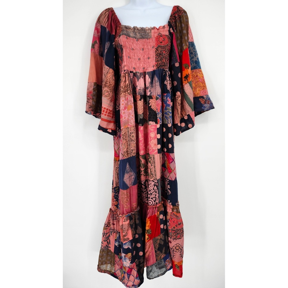 Earthbound Earthy Indie Granola Hippie Boho Dress Size L Pink Patchwork Festival